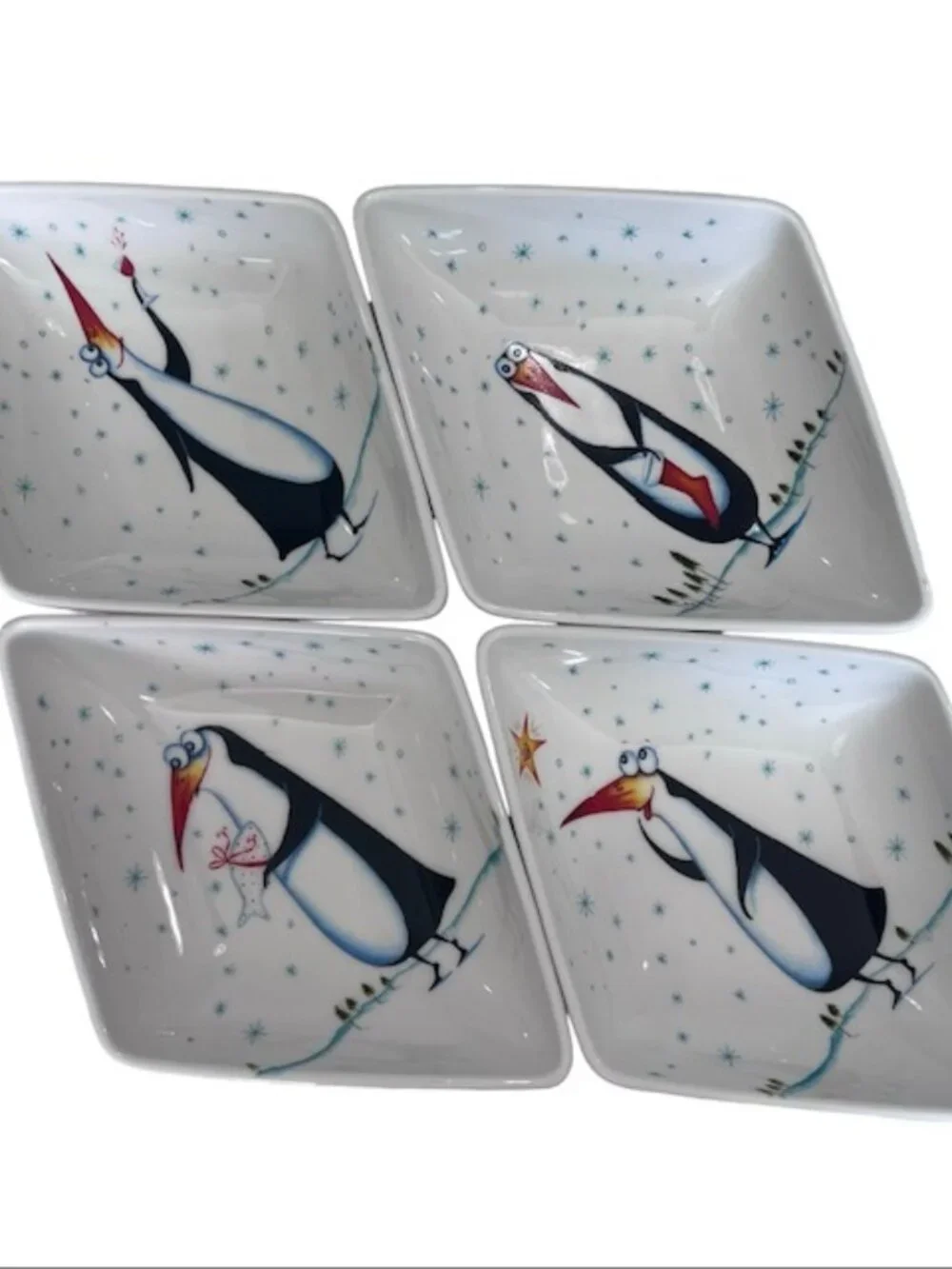 RARE Royal Worcester Clare Mackie Penguin Hors d'Oeuvres Christmas Dish Set of 4